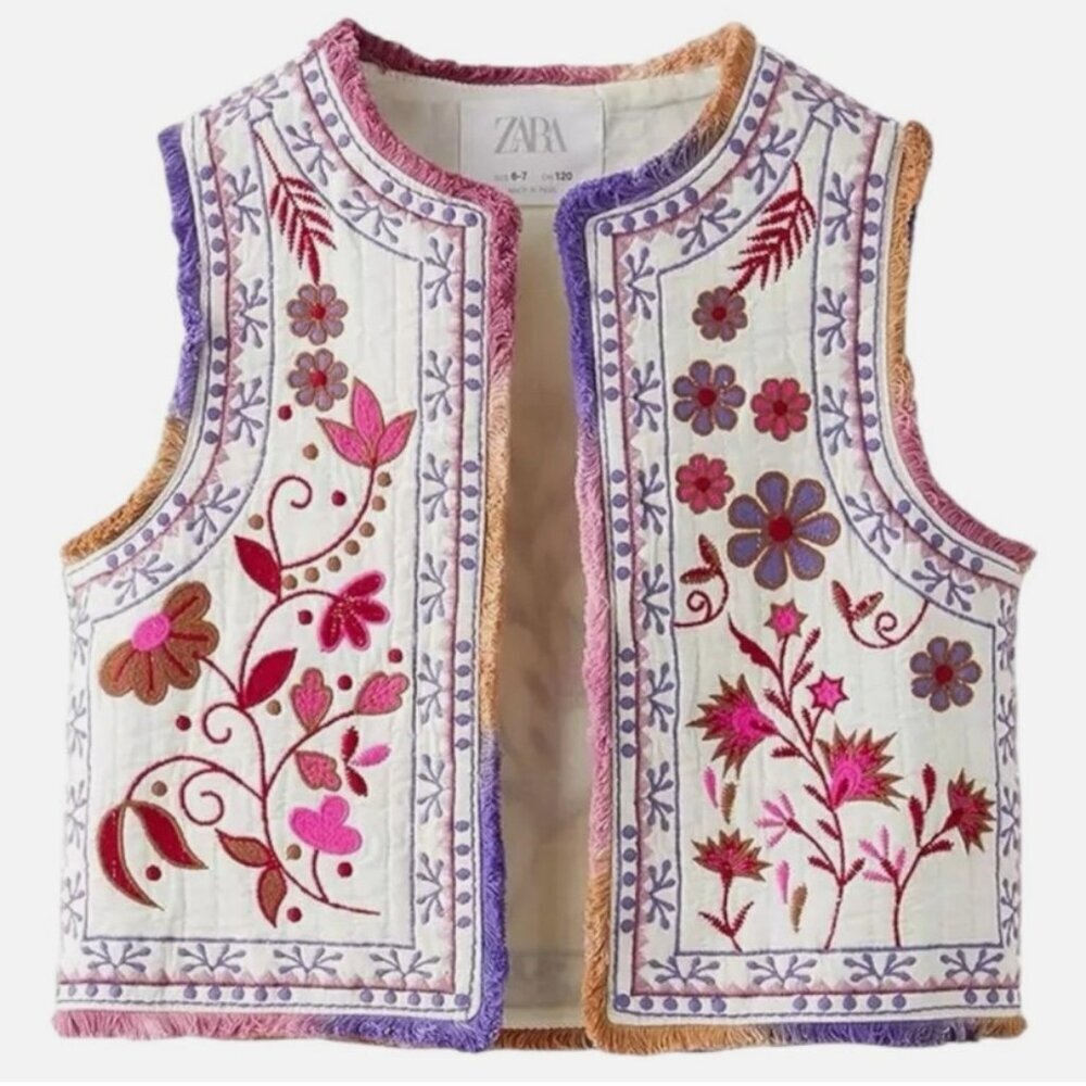 ZARA White Floral Embroidered Cotton Fringed Vest Size 8-9 130cm 7521/705/694